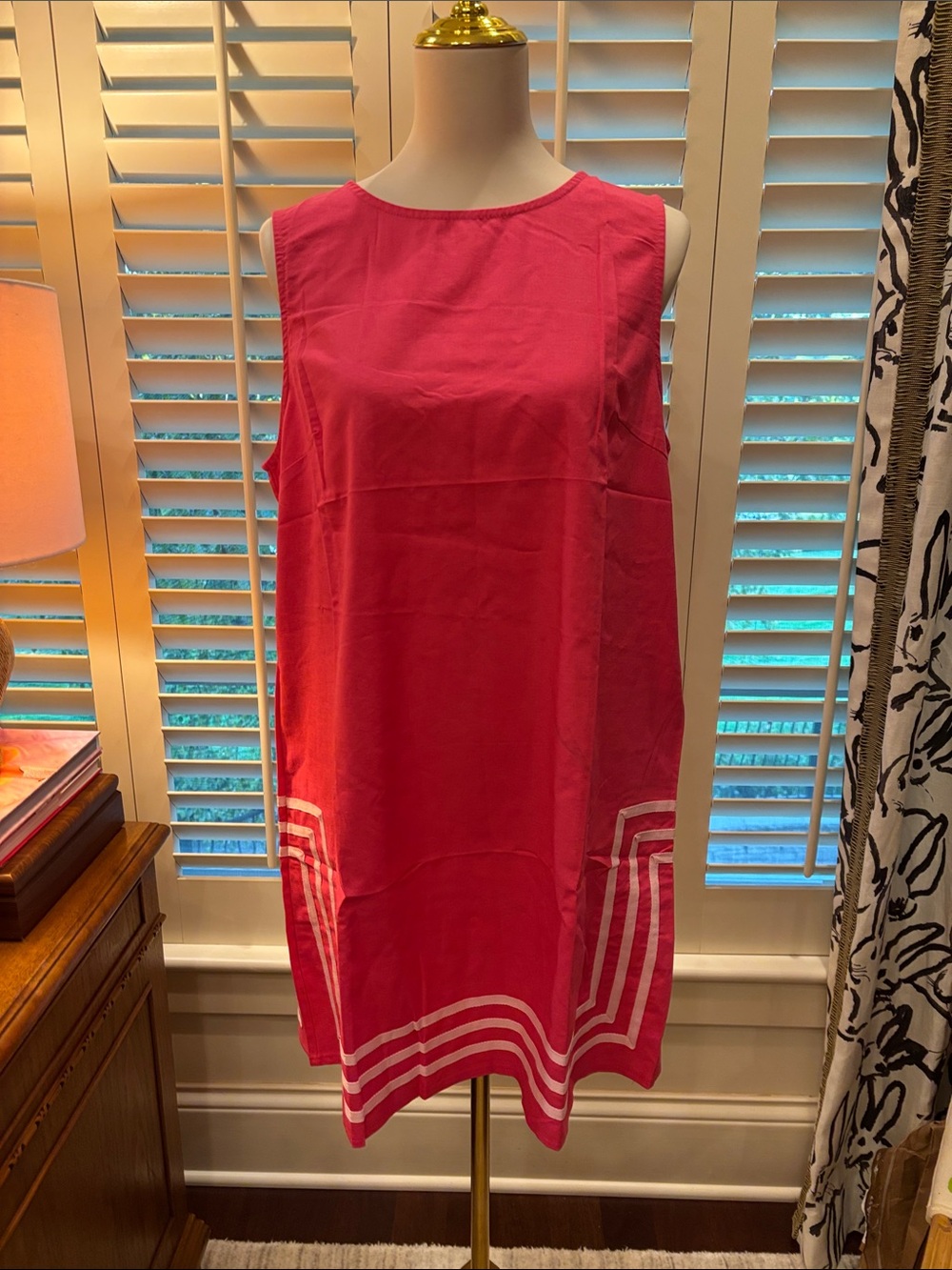Sleeveless Hot Pink Shift Dress with White Stripe Hem